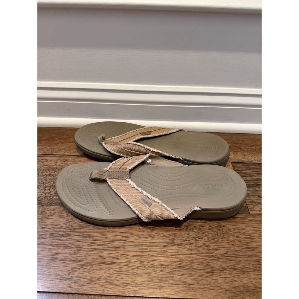 Crocs Flip Flops Mens 13 Tan Canvas Thong Sandals Casual Comfort